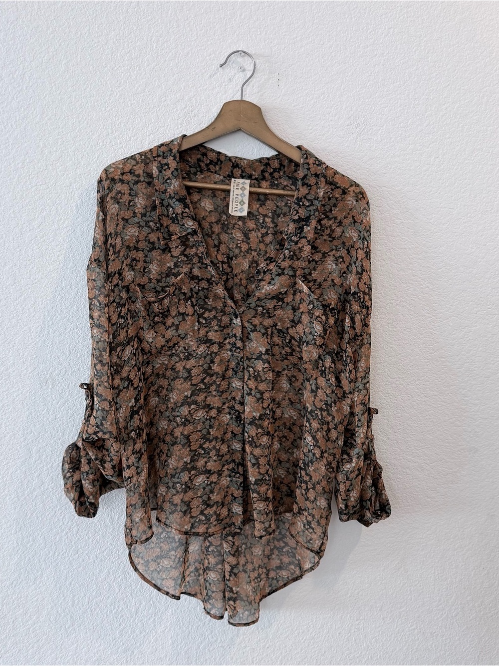 Free People- Sheer Floral Hi-Low 3/4 Sleeves Top- Size M